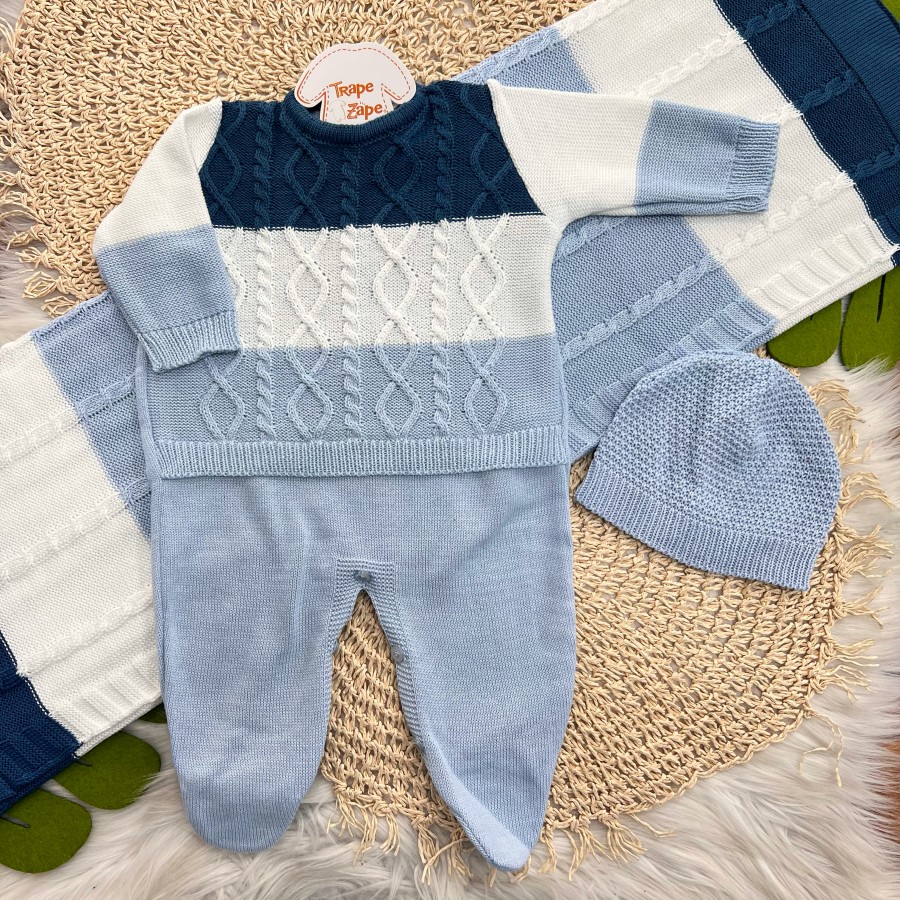 Saída de Maternidade 3 Peças Lucas - Azul Jeans e Azul Bebê